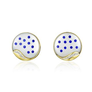 A Pair of 14K Gold Mother of Pearl Lapis Lazuli and Diamond Inlay Earrings
