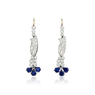 Art Deco Platinum Sapphire and Diamond Earrings