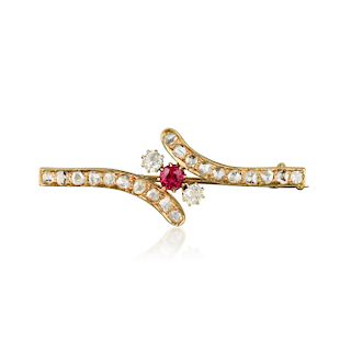 Antique 18K Gold Ruby and Diamond Brooch