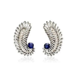 A Pair of 18K Gold Sapphire and Diamond Earrings