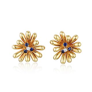 A Pair of 18K Gold Sapphire and Diamond Earrings