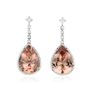 A Pair of 14K Gold Morganite and Diamond Dangle Earrings