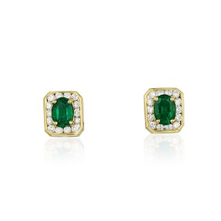 A Pair of 14K Gold Emerald and Diamond Studs