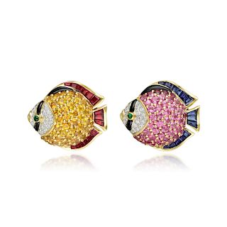 A Pair of 18K Gold Sapphire Ruby Diamond and Emerald Fish Pin/Pendants