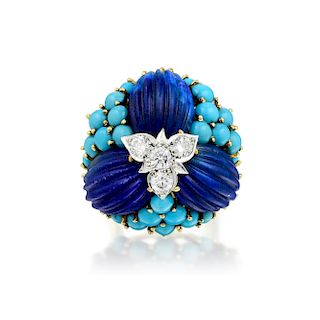 An 18K Gold Diamond Lapis and Turquoise Dome Ring