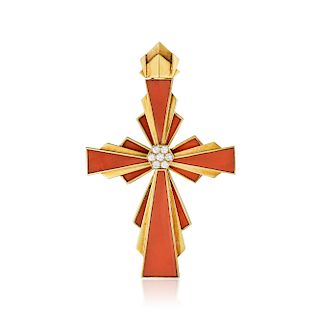 An 18K Gold Coral and Diamond Cross Pendant