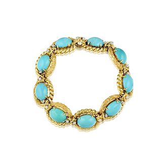 A 14K Gold Turquoise and Diamond Bracelet