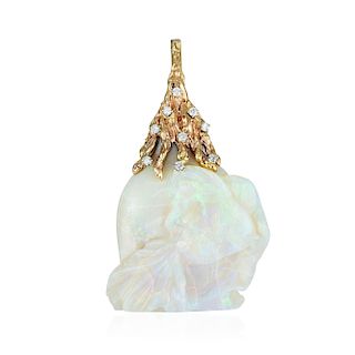 A 14K Gold Opal and Diamond Pendant