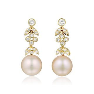 A Pair of 18K Cultured Pearl and Diamond Earrings