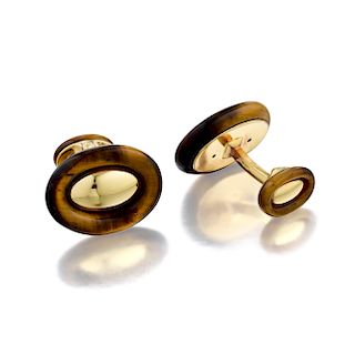 A Pair of 18K Gold Tiger's Eye Cufflinks, French