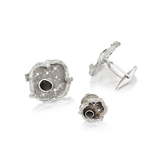 A 14K Gold Diamond and Black Sapphire Cufflinks and Tie Tack Set