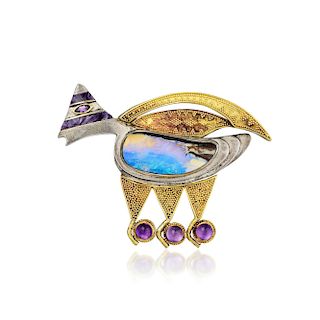 A Multi-Gem 22K Gold and Silver Pendant/Brooch