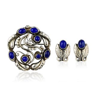 Georg Jensen Silver Lapis Lazuli Brooch and Earring Set