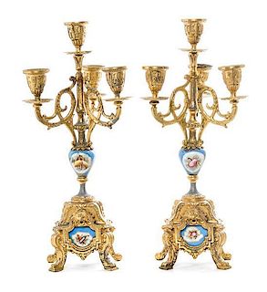 A Pair of Sevres Style Gilt Metal Mounted Porcelain Four-Light Candelabra, Height 14 3/4 inches.