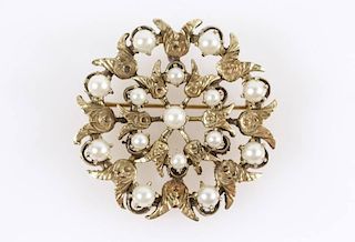 Ladies 14k Yellow Gold & Cultured Pearl Brooch