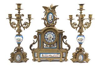 A Louis XVI Sevres Style Porcelain Mounted Gilt Metal Clock Garniture, Height 18 inches.