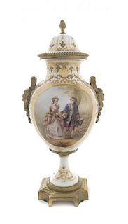 A Sevres Style Gilt Metal Mounted Porcelain Urn, Height 14 1/4 inches.