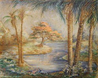 Vintage Painting of a Lush River Landscape