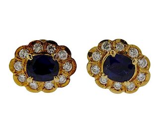 14K Gold Diamond Blue Stone Halo Earrings