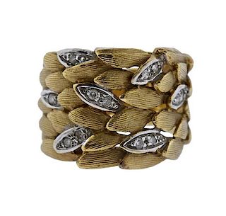 14K Gold Diamond Leaf Motif Wide Band Ring