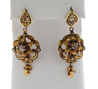 Antique 18K Gold Rose Cut Diamond Enamel Earrings