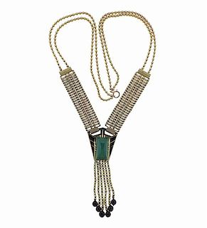 Iconic Art Deco Chrysoprase Onyx 14k Gold Necklace