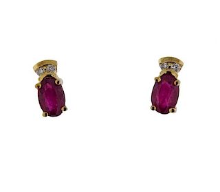 14k Gold Ruby Diamond Stud Earrings 