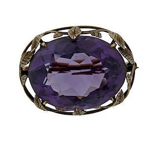 Antique 14k Gold Purple Stone Brooch Pin 