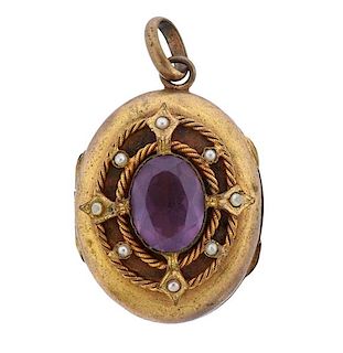 Antique Gold Filled Purple Stone Pearl Locket Pendant 
