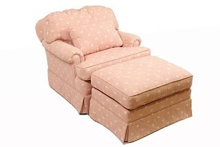 Pink Upholstered Lounge Armchair w/ Ottoman
