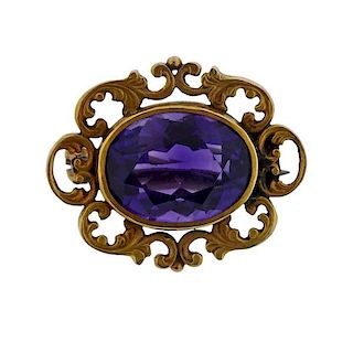 Antique 14K Gold Purple Stone Brooch Pin