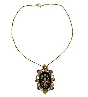 Antique 14k Gold Opal Diamond Pendant Brooch on Chain 