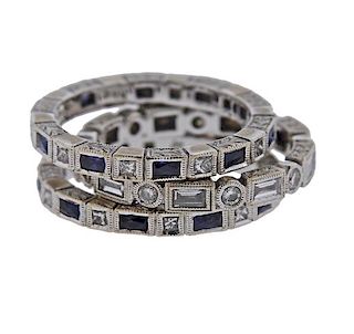 18k Gold Diamond Sapphire Wedding Ring Set of 3