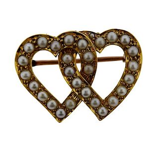 Antique 18k Gold Heart Pearl Brooch 