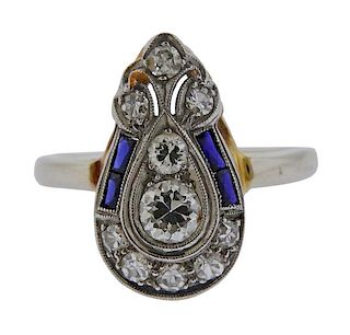 Art Deco 14k Gold Diamond Blue Stone Ring 