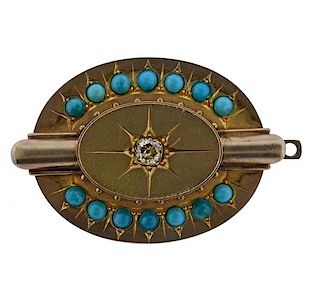 Antique 14K Gold Diamond Blue Stone Brooch Pendant