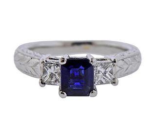 Art Deco Platinum Diamond Sapphire Three Stone Ring