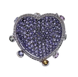 18K Gold Diamond Tanzanite Multi Stone Heart Charm Ring