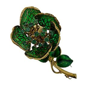 18K Gold Emerald Plique A Jour Enamel Rose Flower Brooch
