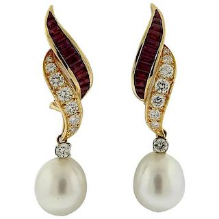 Oscar Heyman Ruby Diamond South Sea Pearl Gold Earrings