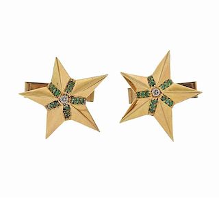 Mid Century Diamond Emerald 18k Gold Star Cufflinks