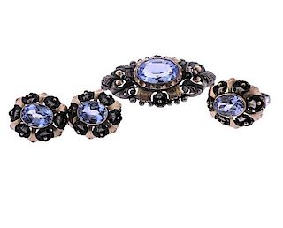 Silver Gold Blue Stone Earrings Ring Brooch Set