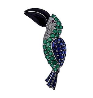 18k Gold Diamond Sapphire Emerald Onyx Bird Brooch