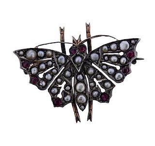 Antique Silver Ruby Pearl Butterfly Brooch Pin 