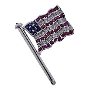 18k Gold Diamond Ruby Sapphire American Flag Brooch Pin