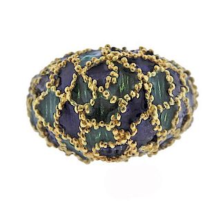 18K Gold Blue Green Enamel Dome Ring