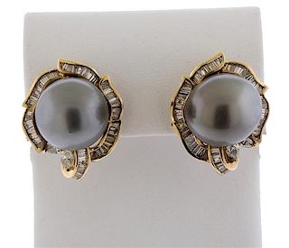 14k Gold South Sea Tahitian Pearl Diamond Earrings 