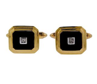 Mid Century 18k Gold Onyx Diamond Cufflinks 