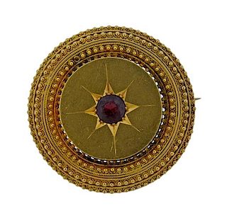 18k Gold Garnet Etruscan Beading Brooch Pendant
