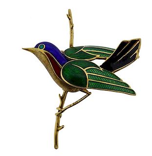 18k Gold Enamel Bird Brooch Pin 